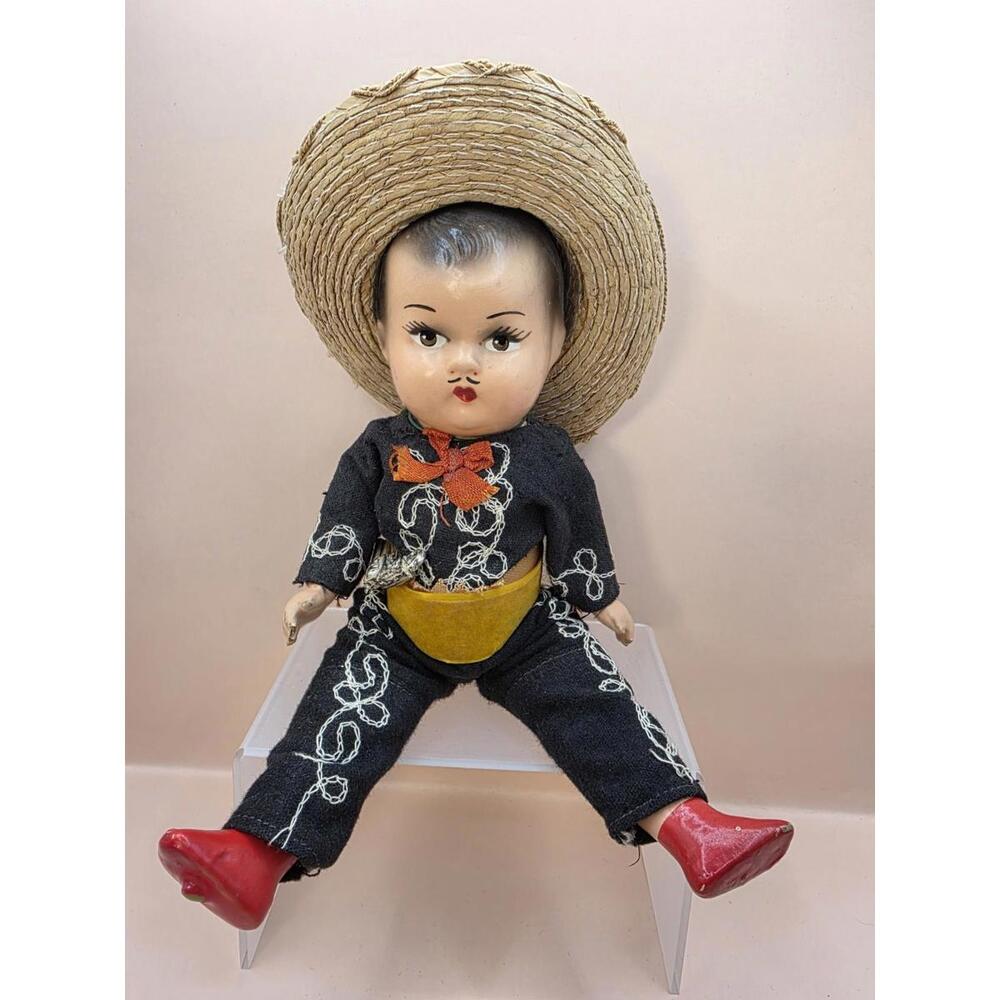 Vtg 1940s Mexican Latino Compo Composition 9" Cowboy Straw Hat Sombrero Boy Doll